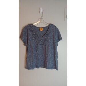 Ruby Rd Embellished Short Sleeve T-Shirt Sz XL Blue Cotton